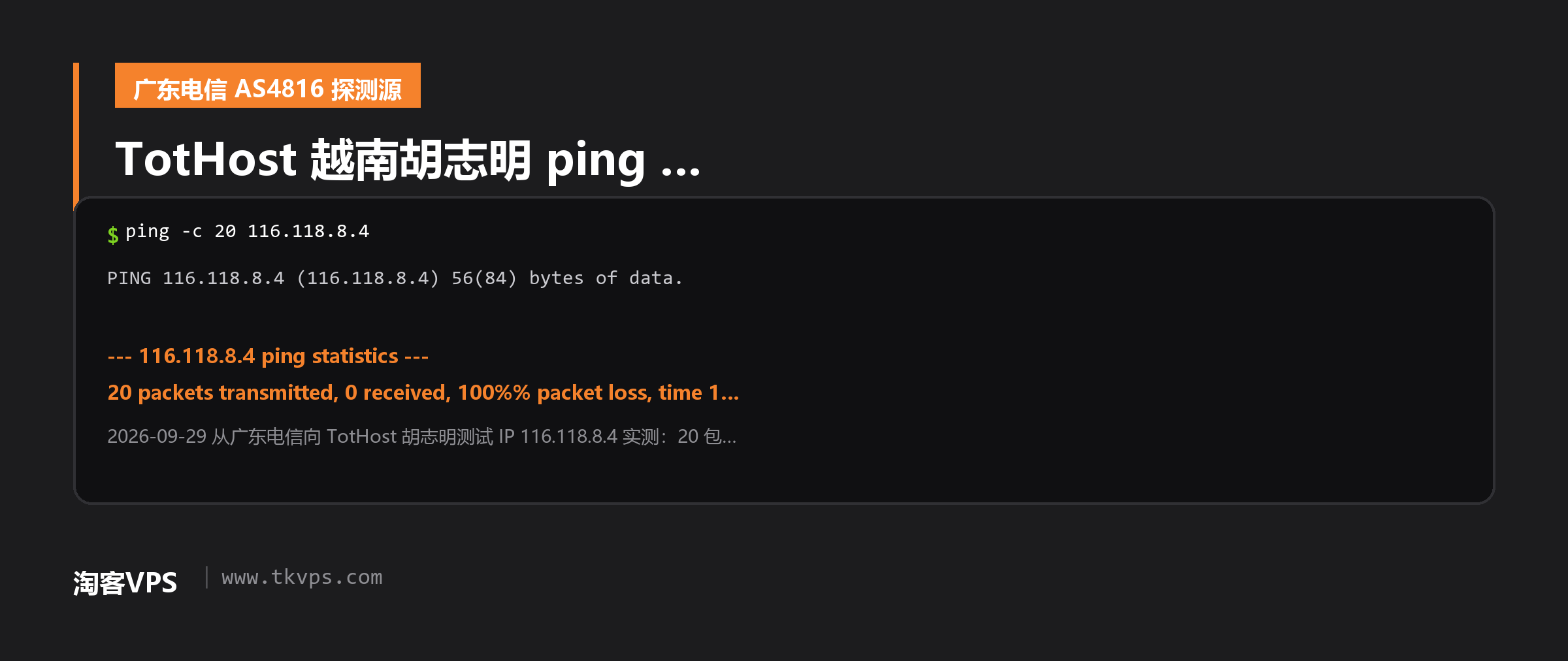 TotHost 越南胡志明测试 IP ping 实测截图（100% 丢包）