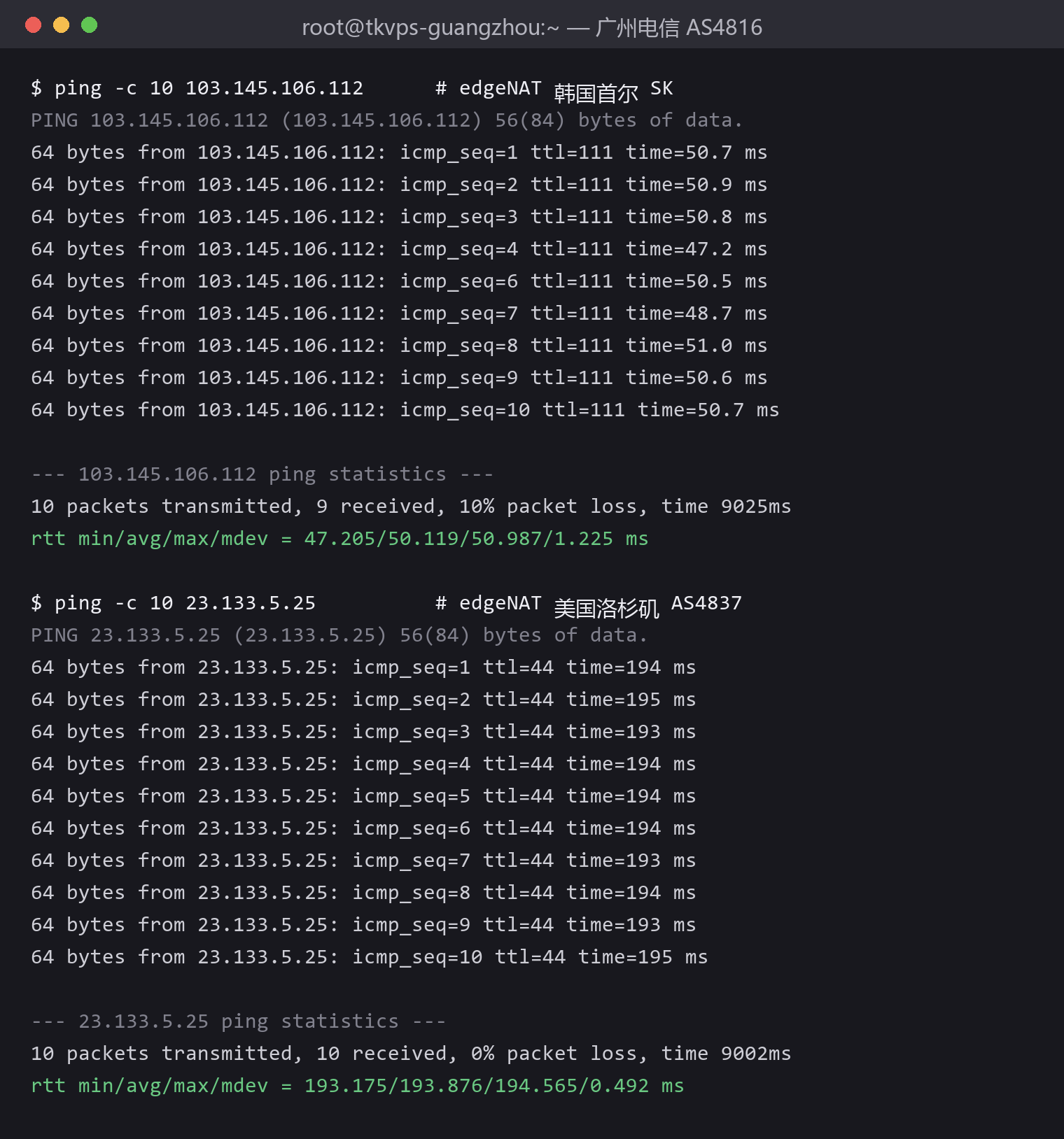 edgeNAT 双机房 Ping 实测:韩国 50ms、洛杉矶 194ms