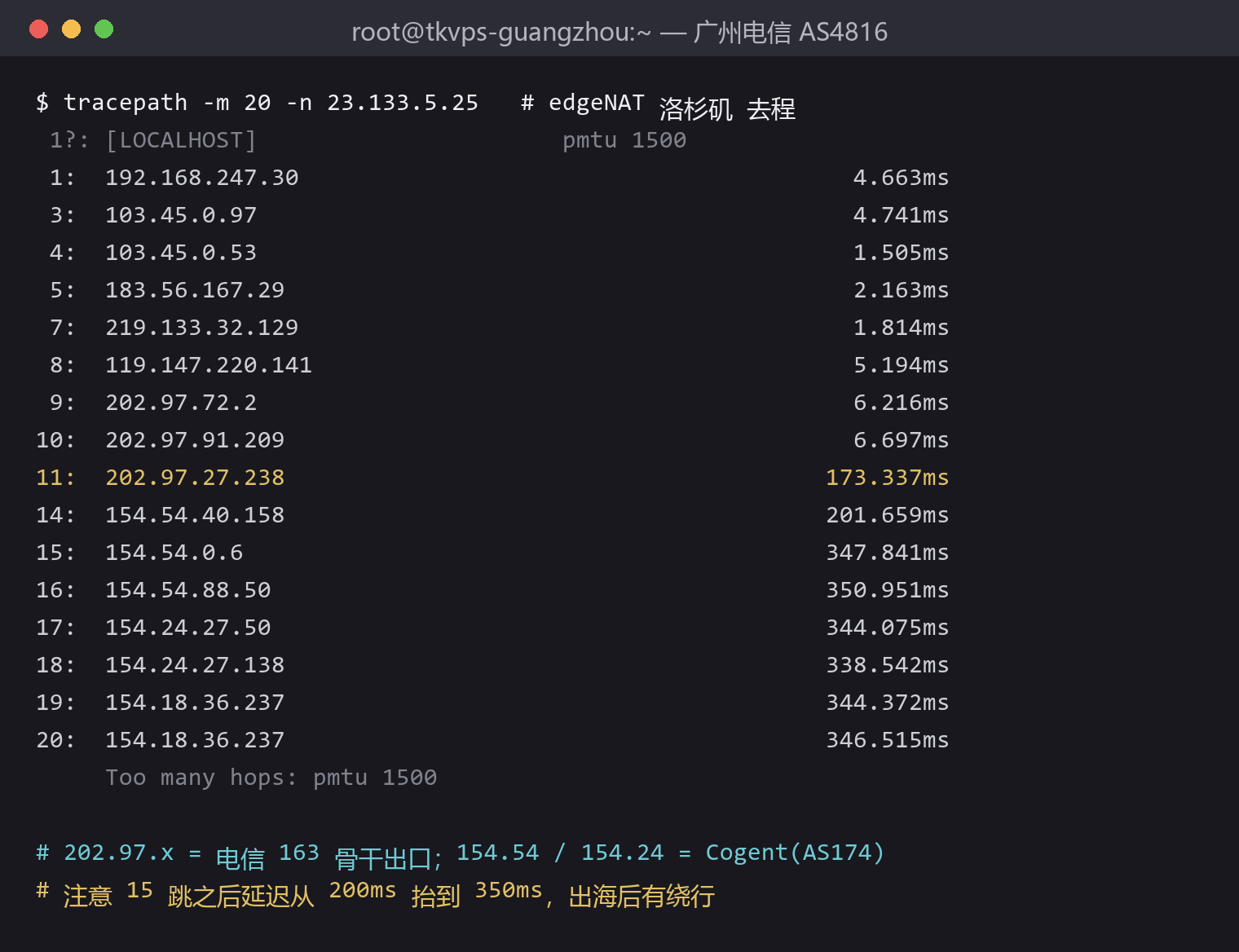 edgeNAT 洛杉矶去程路由:走电信 163 + Cogent 出海