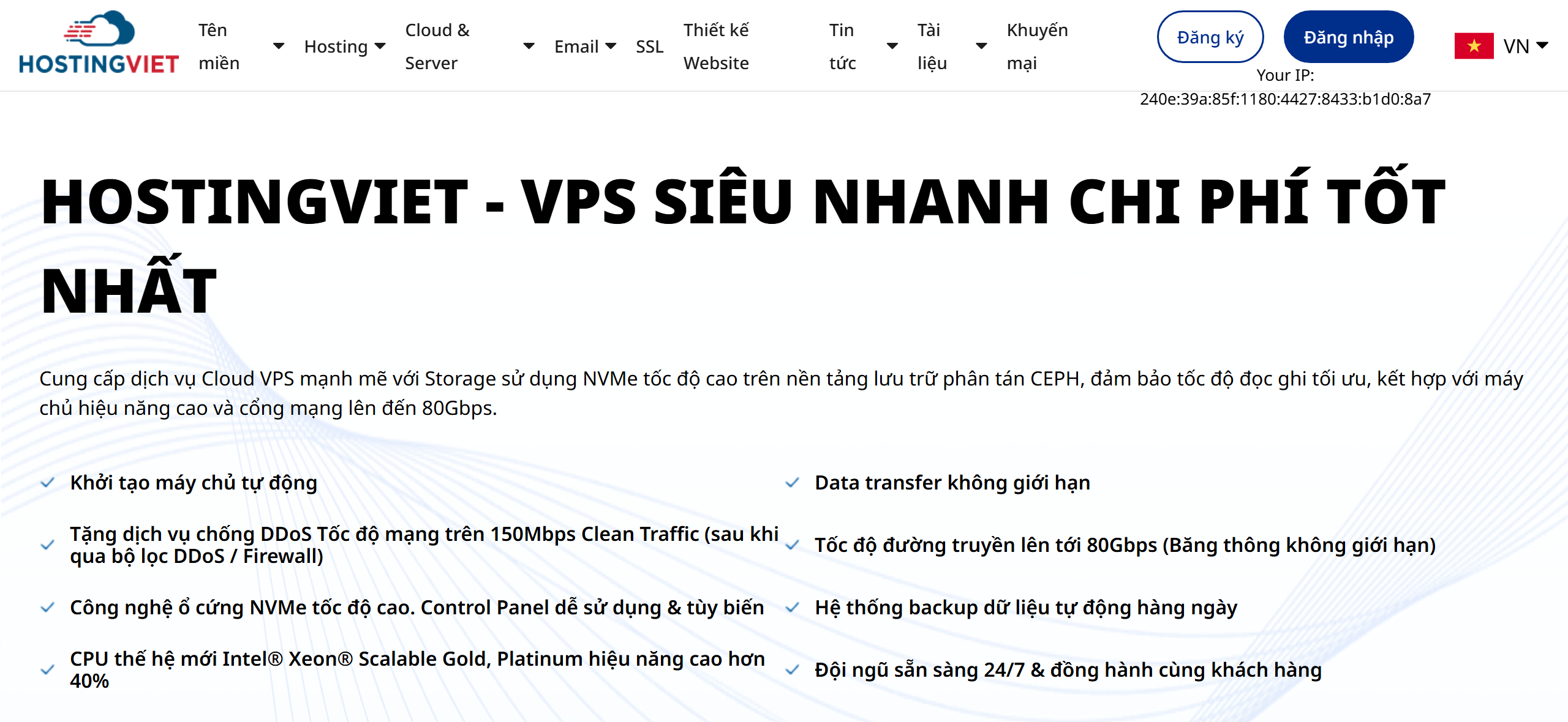 HostingViet 官网首页真实截图:越南语界面,主打不限流量与 80Gbps 传输