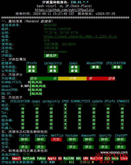 丽萨主机英国家宽IP VPS IP质量体检报告