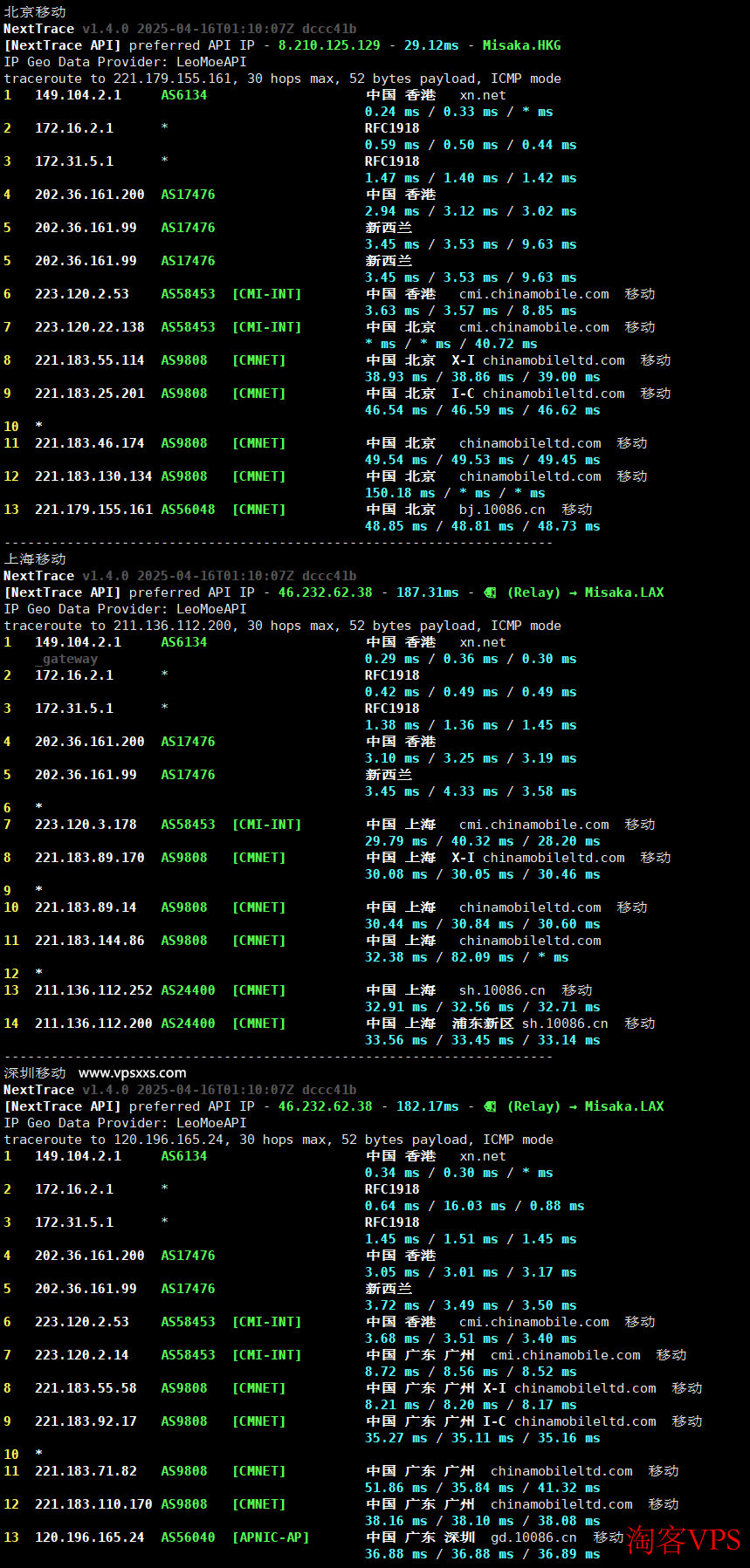 HostKVM香港三网优化线路VPS移动回程路由示意图