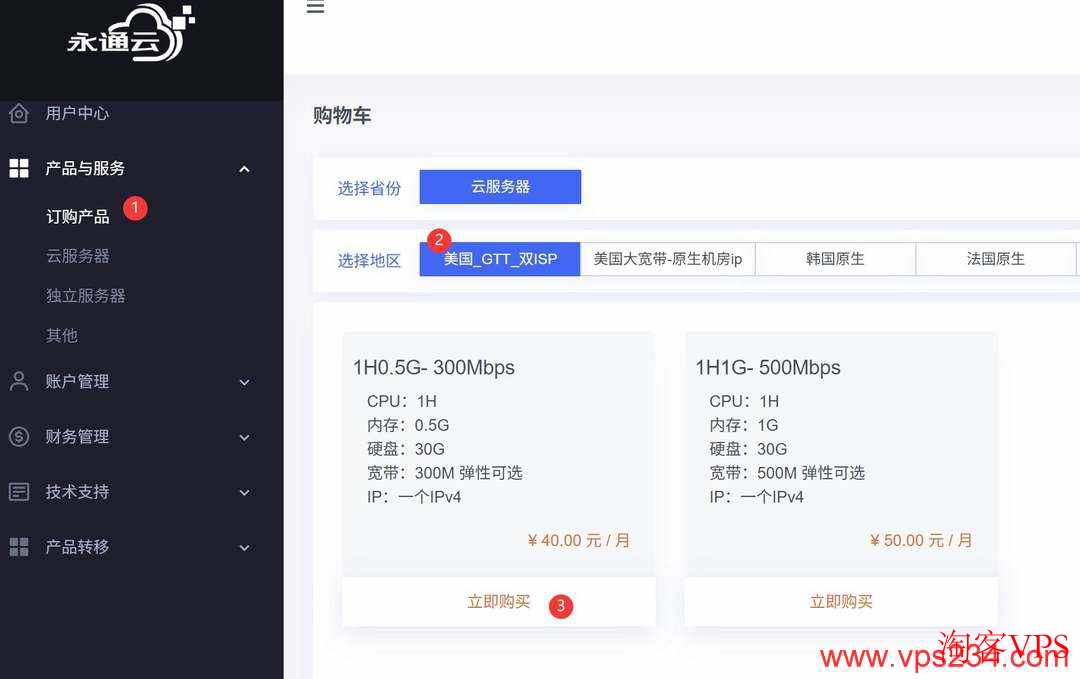 永通云美国双ISP套餐选择 永通云美国家宽VPS套餐选择界面