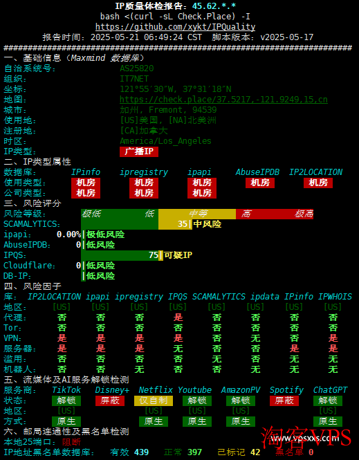 搬瓦工MINICHICKEN VPS IP质量检测 搬瓦工MINICHICKEN VPS IP质量检测报告
