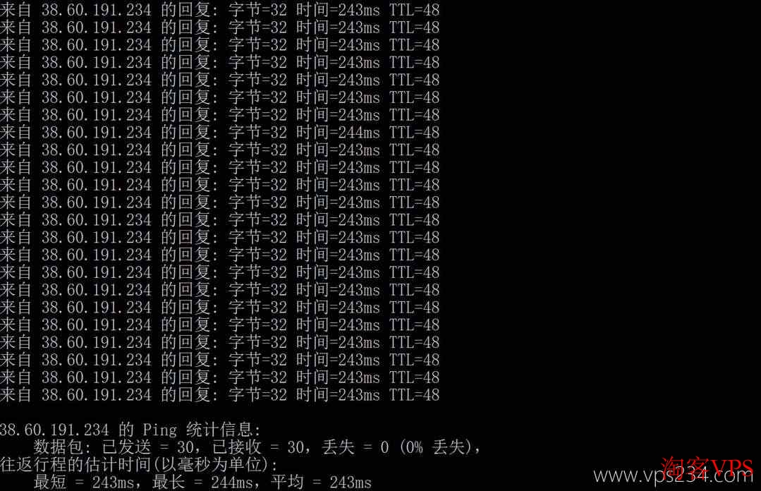 万维电讯印尼VPS本地Ping延迟测试结果,延迟243ms,丢包少