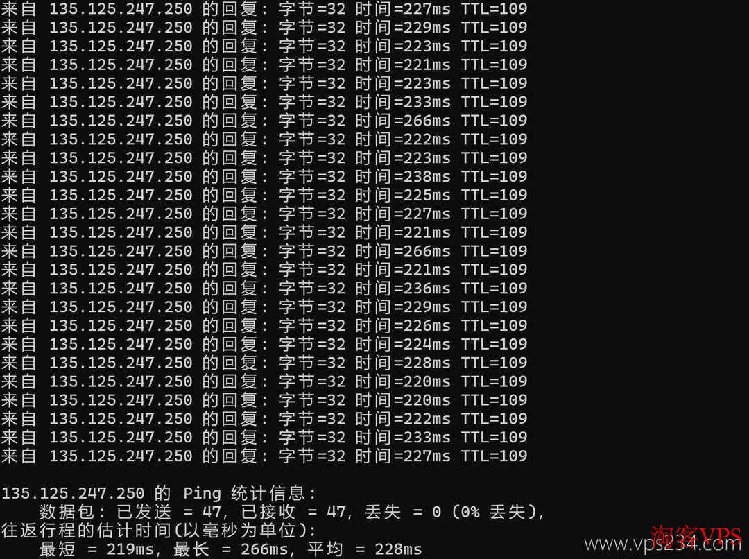 本地电信网络Ping测试结果，UQIDC德国VPS延迟约228ms