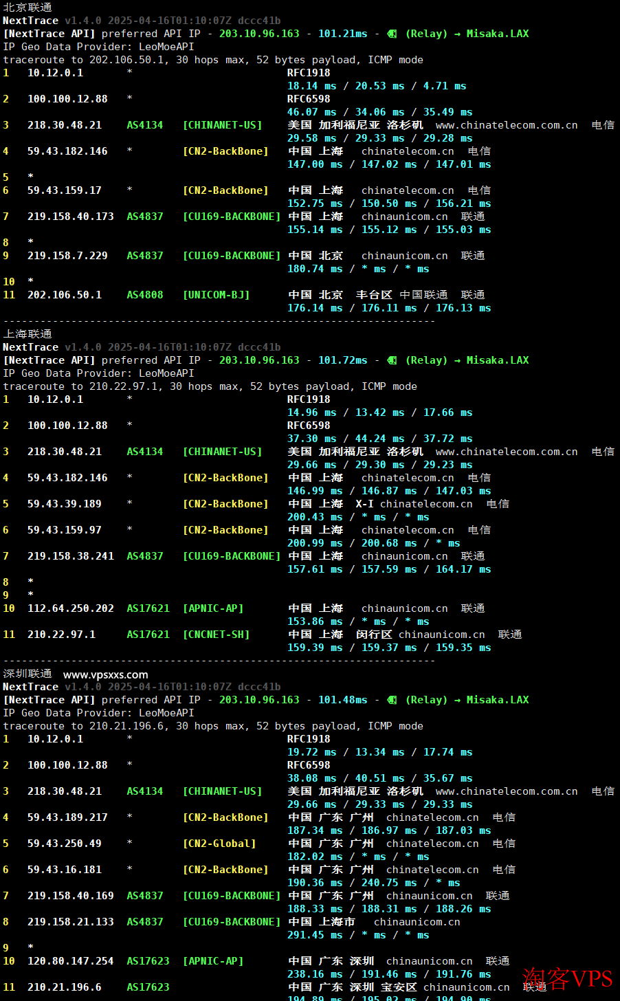 搬瓦工加拿大VPS联通回程路由图，借道电信CN2 GIA线路回程