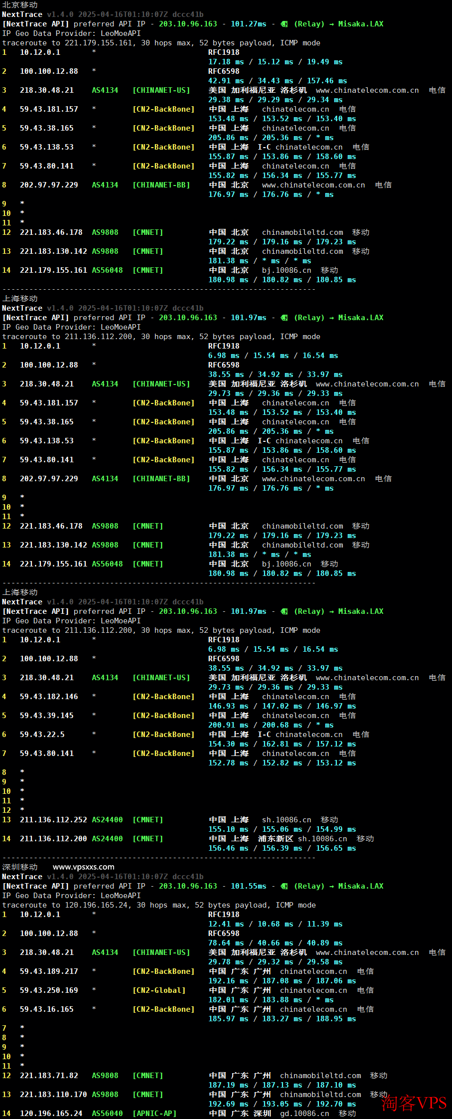 搬瓦工加拿大VPS移动回程路由图，借道电信CN2 GIA线路
