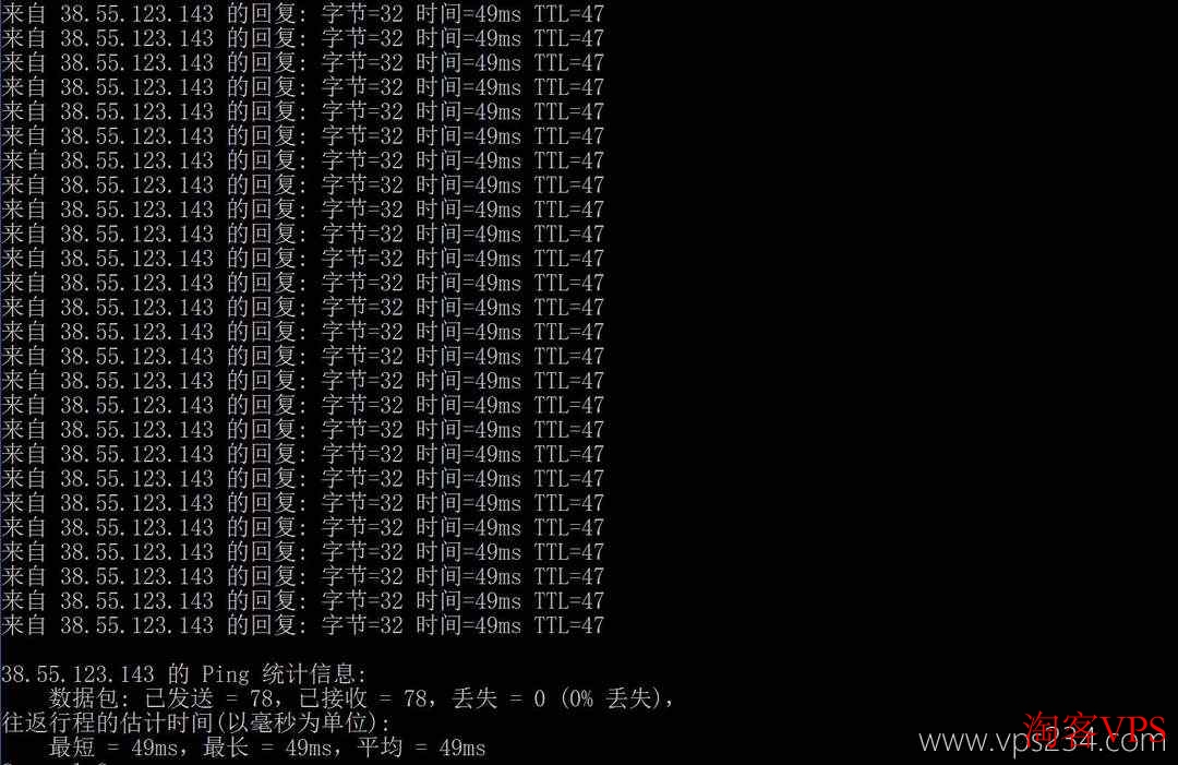 HHost:香港VPS测评CN2优化线路本地Ping延迟 本地Ping测试结果,显示49ms平均延迟无丢包