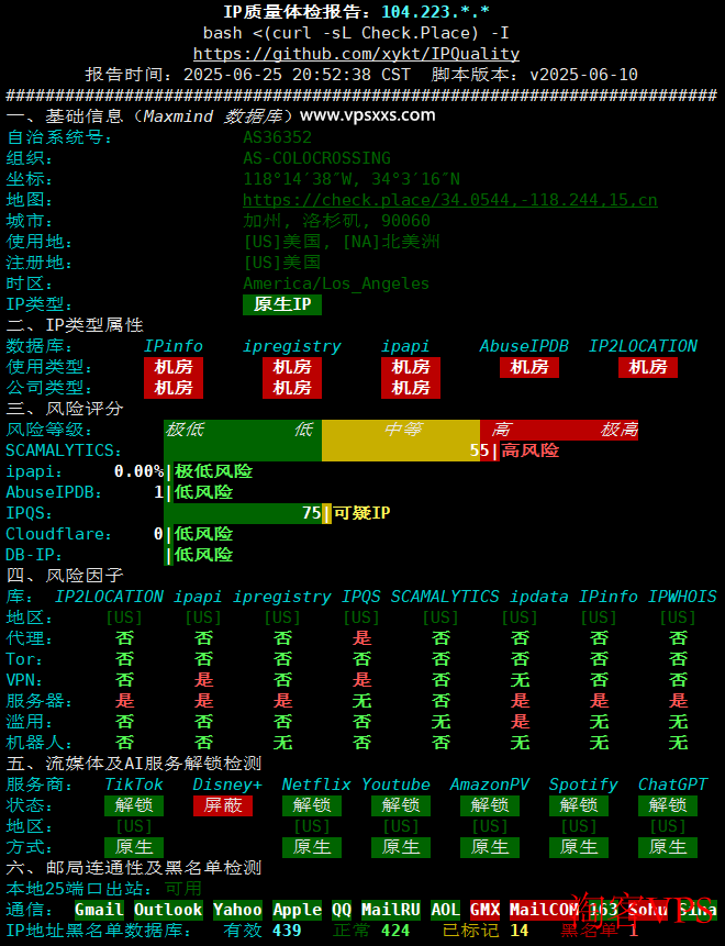 RackNerd洛杉矶DC03 VPS IP纯净度检测图