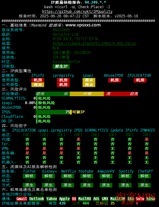 Servitro德国VPS测评 Servitro德国VPS IP纯净度检测报告