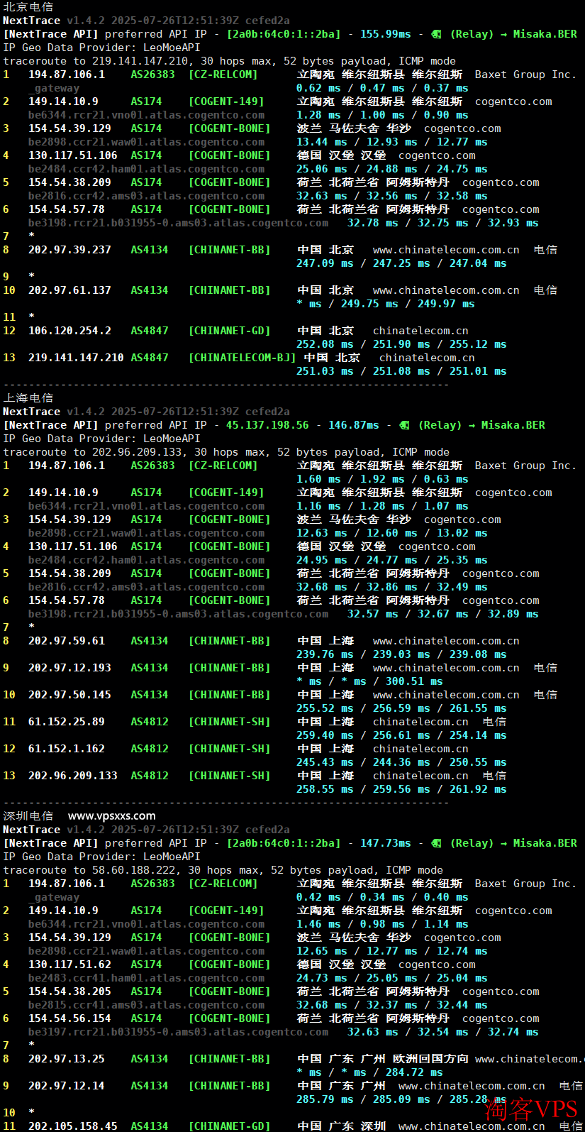 justhost立陶宛VPS电信回程路由详情