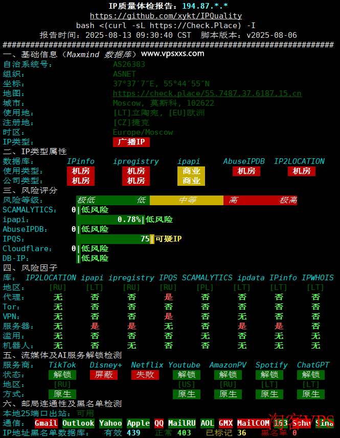 justhost立陶宛VPS IP质量报告详情