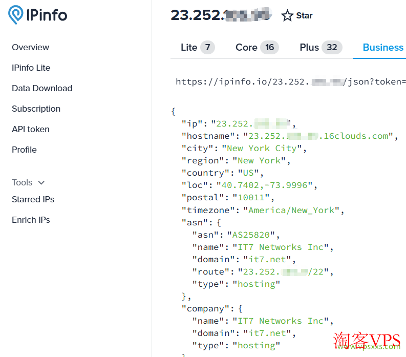 ipinfo.io检测搬瓦工美国纽约CN2 GIA VPS类型为机房IP