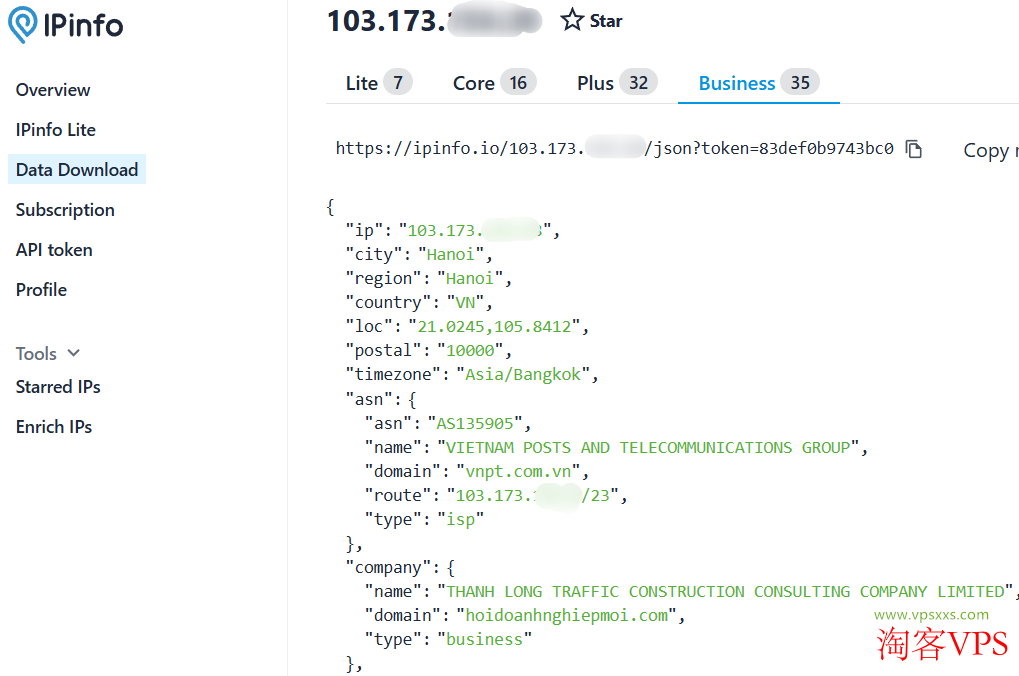 ipinfo.io检测越南VPS为ISP及business类型