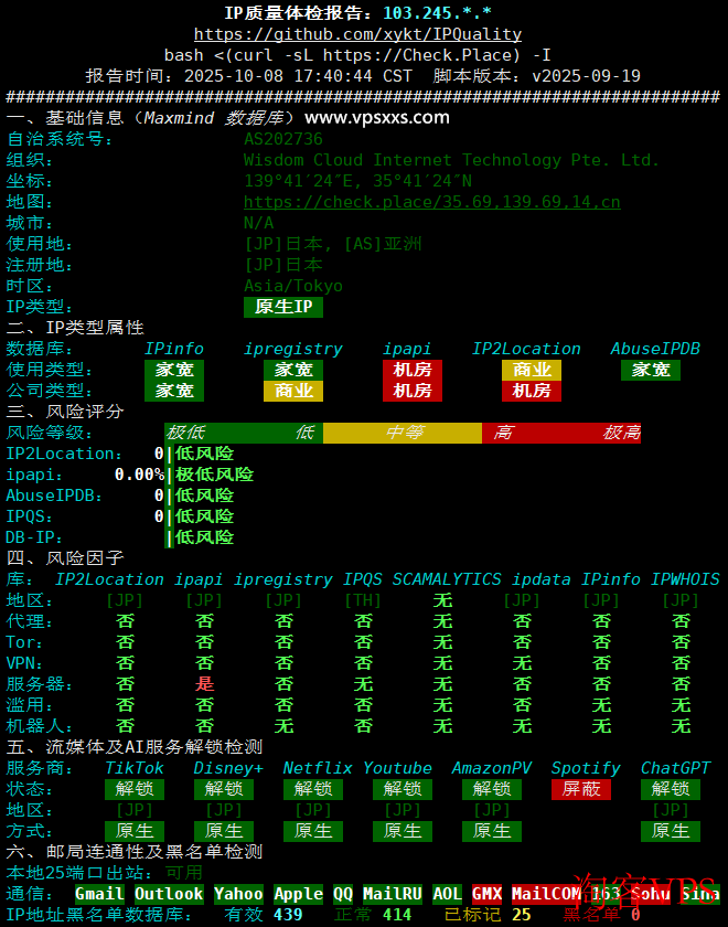 荫云日本双ISP VPS IP质量体检报告