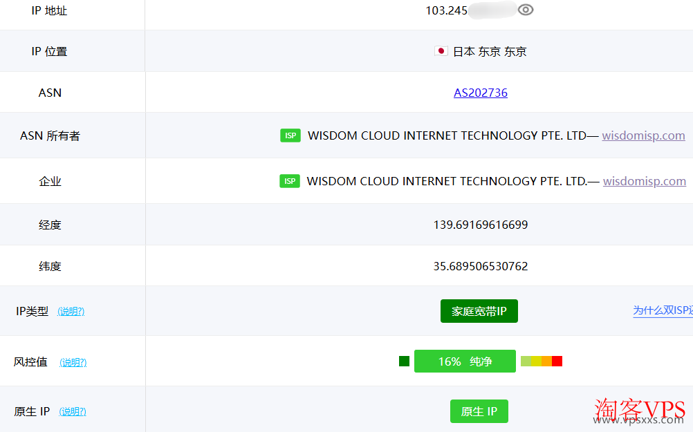 ping0.cc检测荫云日本双ISP VPS是否为家庭IP