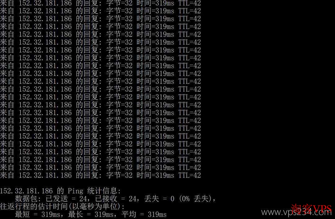 UCloud中东迪拜VPS网络延迟测试 本地Ping迪拜节点延迟测试图,平均319ms