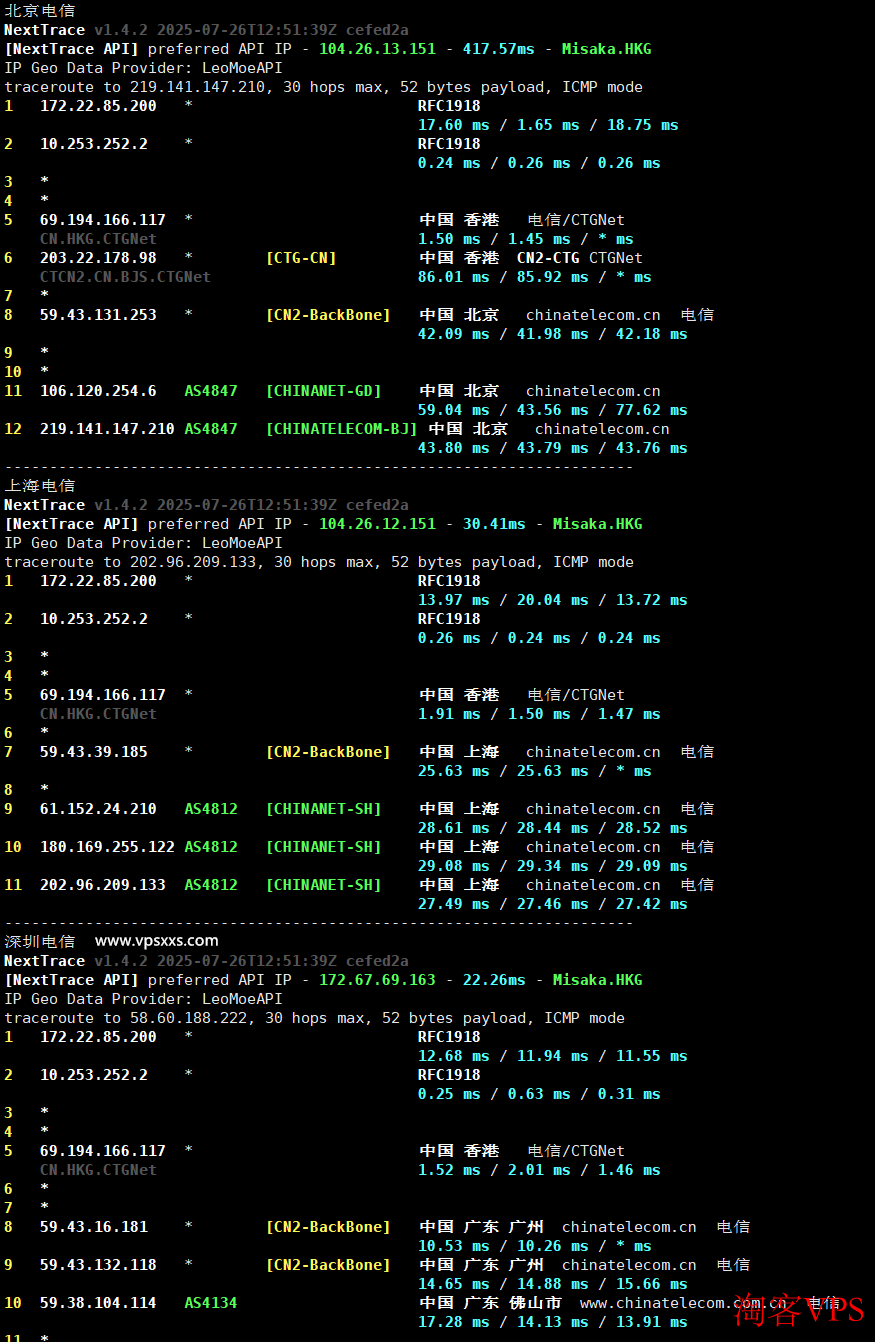 搬瓦工香港CN2 GIA VPS测评 搬瓦工香港CN2 GIA VPS电信回程路由图