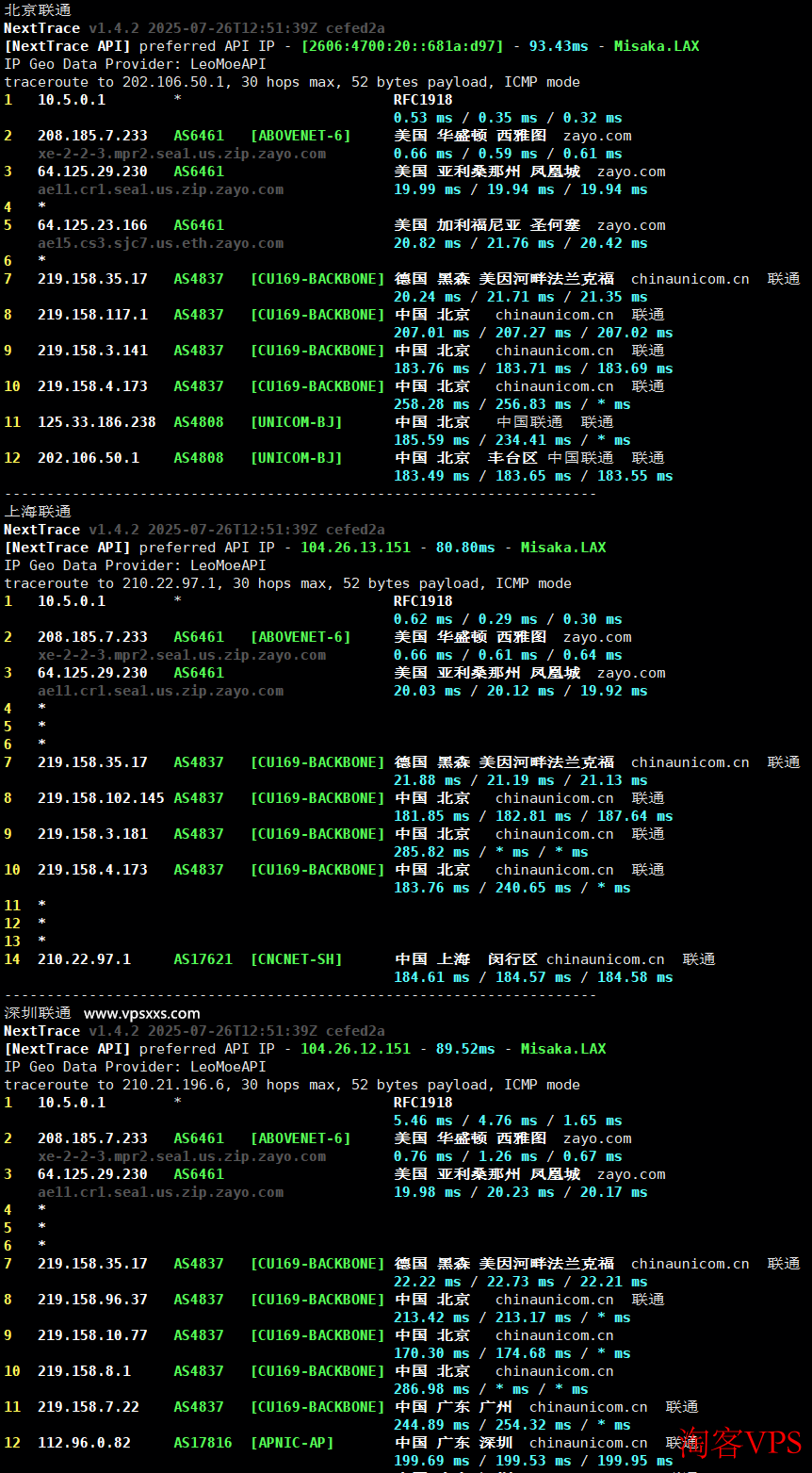 Hostwinds美国西雅图VPS联通网络回程路由图