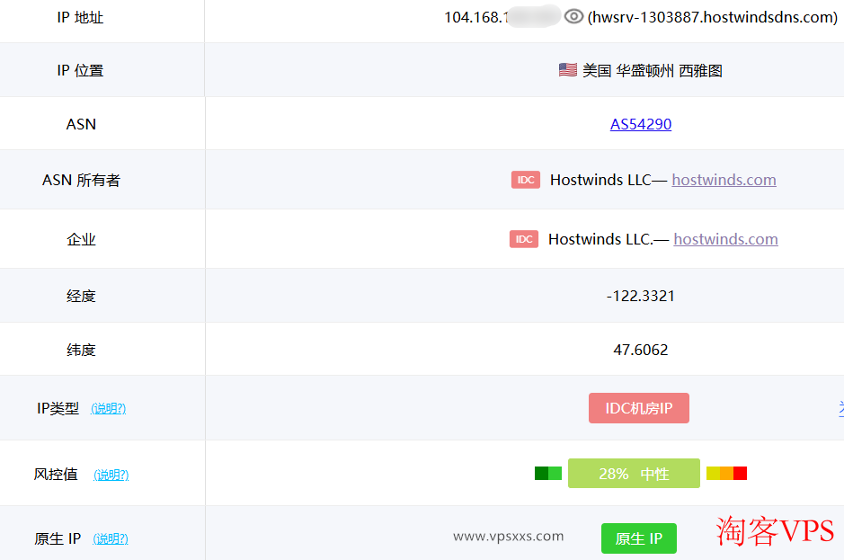 ping0.cc检测Hostwinds美国西雅图VPS为IDC机房IP