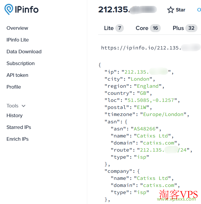 住宅IP检测 ipinfo.io对丽萨主机英国catixs VPS住宅IP检测结果
