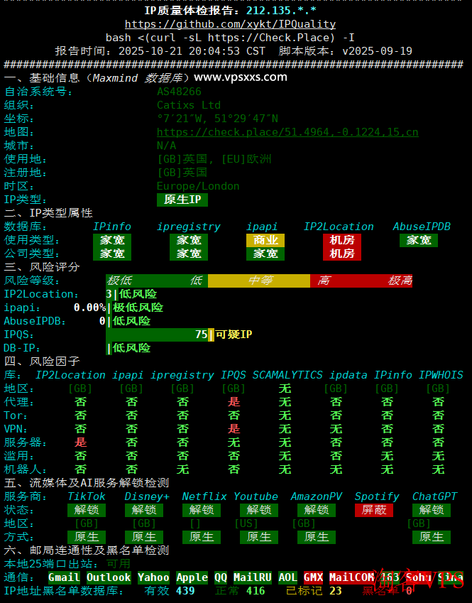 IP质量体检 丽萨主机英国catixs VPS IP质量体检报告截图