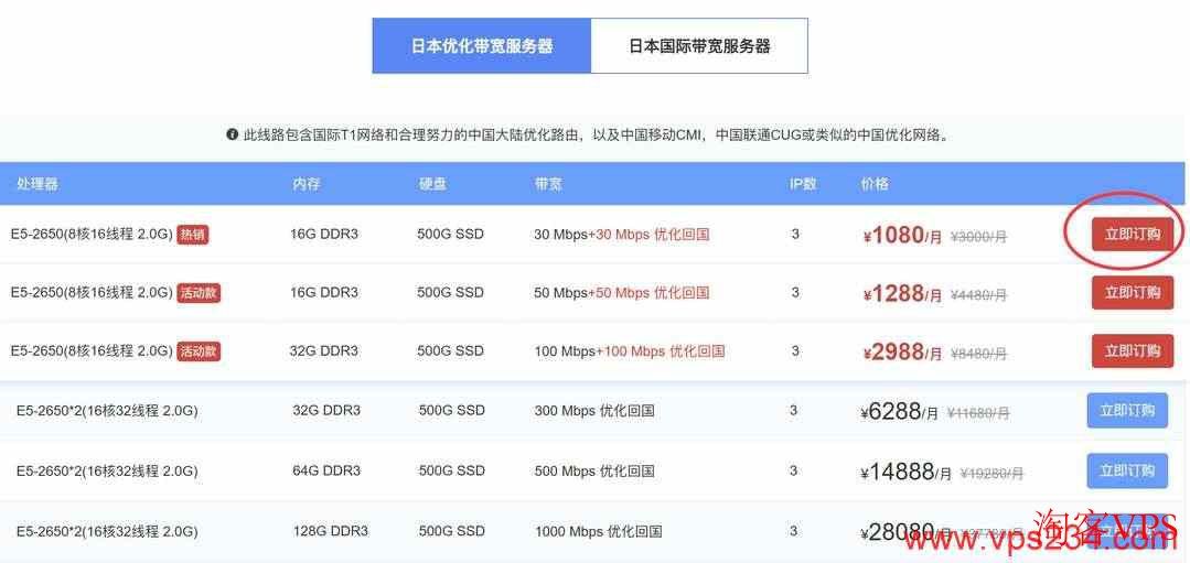 华纳云日本服务器套餐选择与下单界面