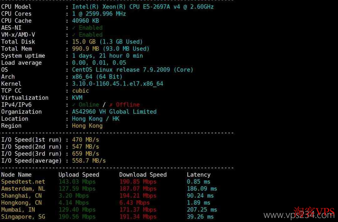吉云香港VPS性能及速度测试结果