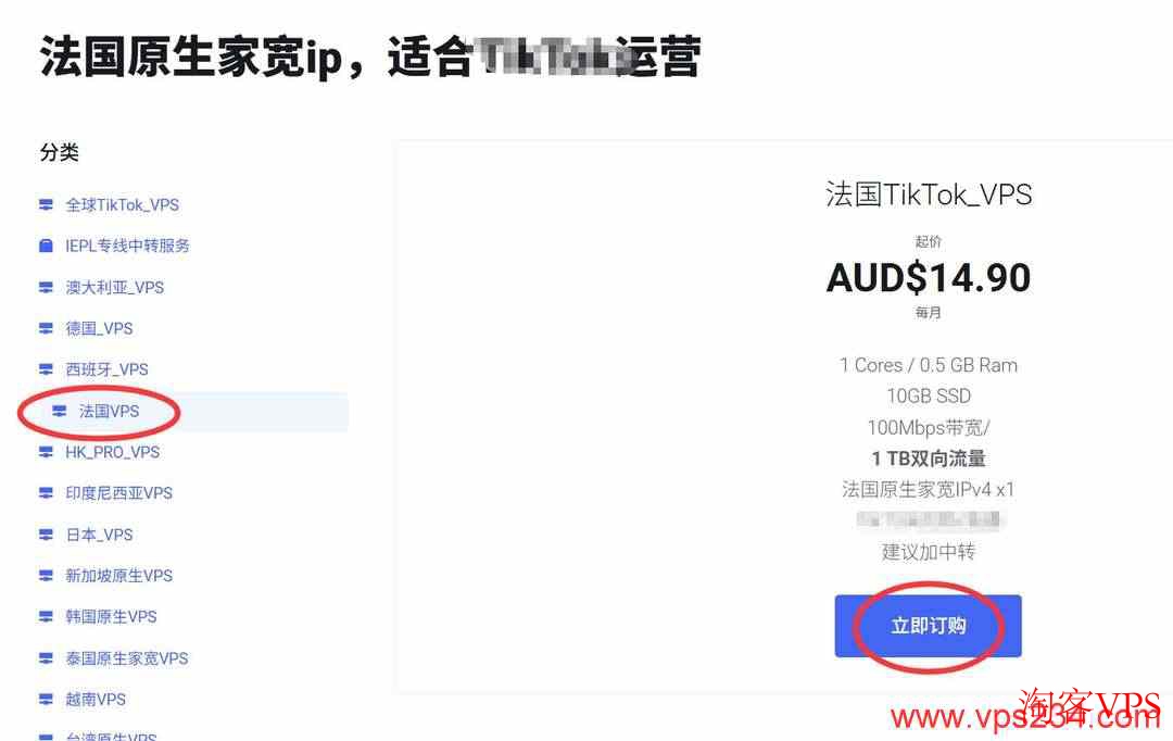 选择法国VPS立即订购按钮界面