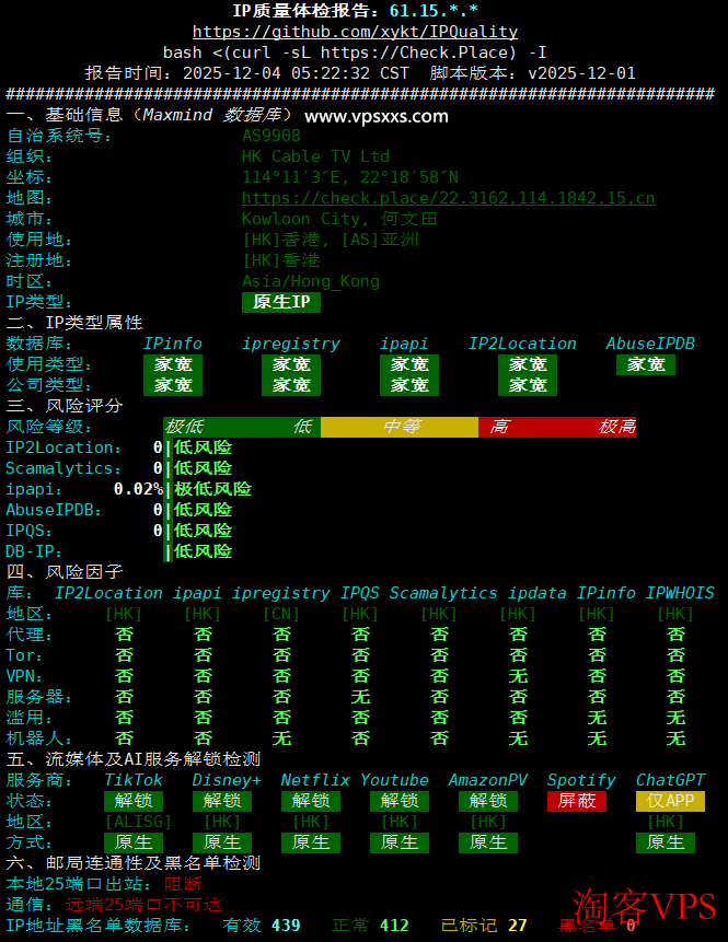 丽萨主机香港iCable住宅VPS IP质量体检报告