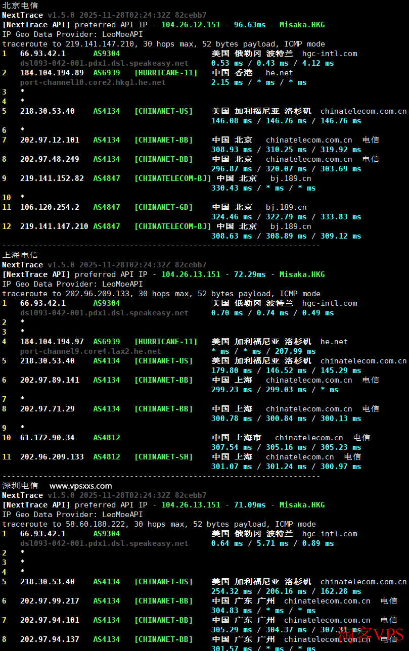 荫云香港HGC VPS电信回程路由地图