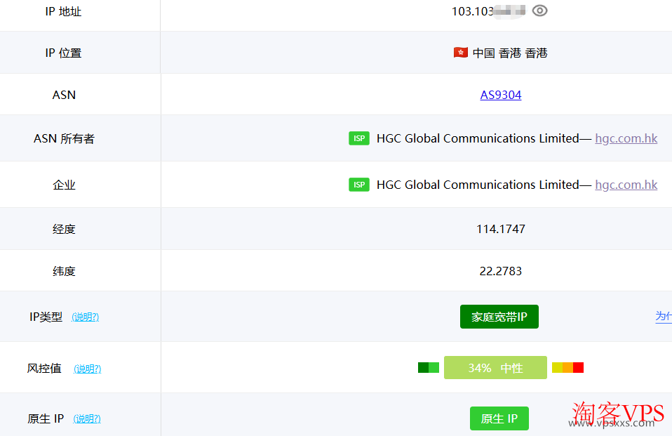 ping0.cc检测香港家庭带宽IP