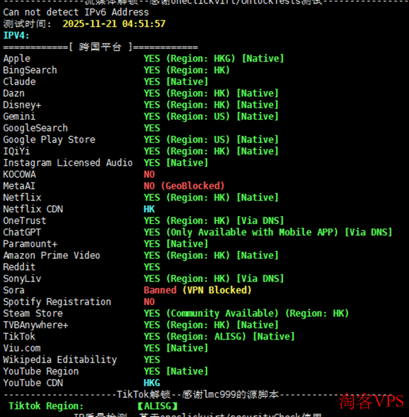 莱卡云香港VPS流媒体解锁测试截图