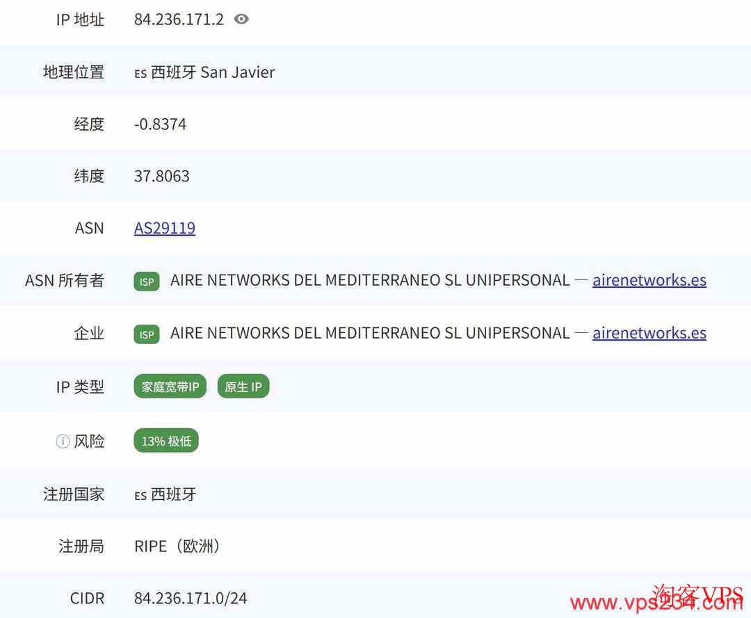 WePC西班牙VPS双ISP家宽真实IP类型检测结果