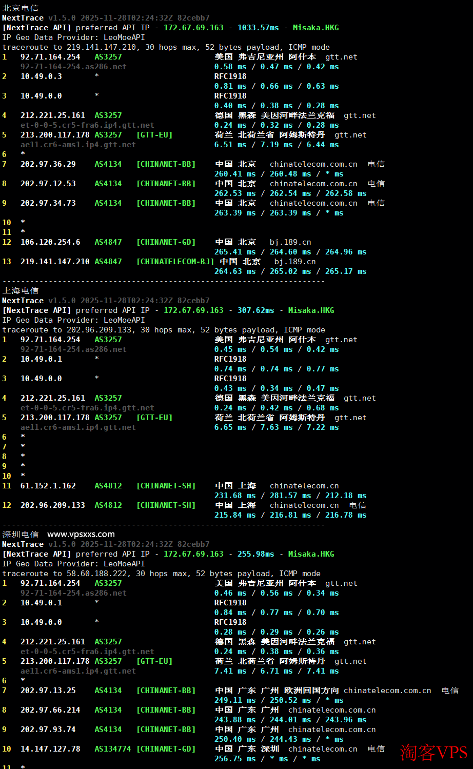 六六云德国原生IP VPS电信回程路由路径