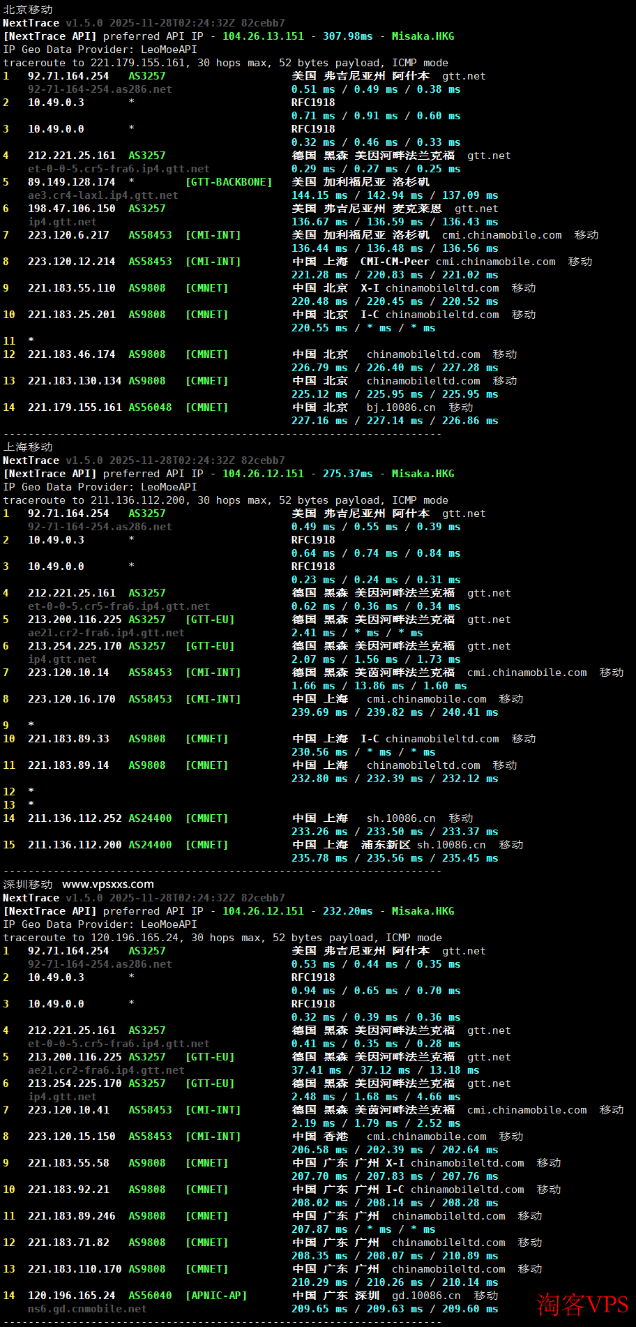 六六云德国原生IP VPS移动回程路由路径