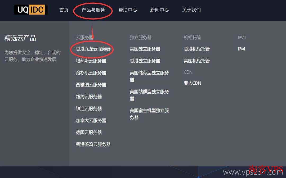 UQIDC官网香港九龙云服务器入口导航示意