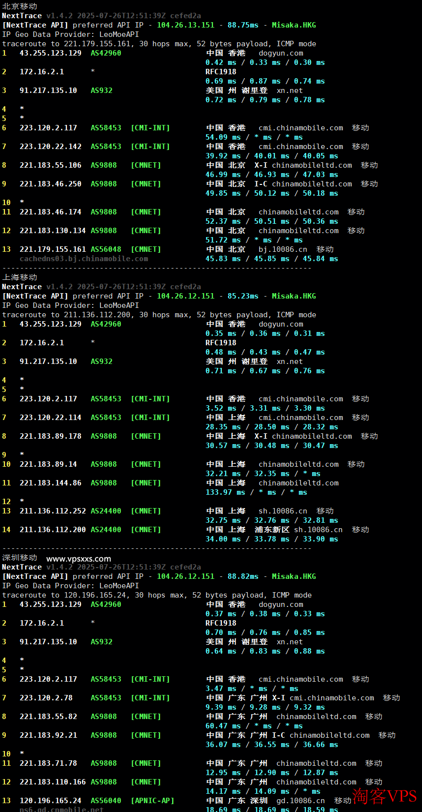 吉云香港CMI VPS移动网络回程路由图