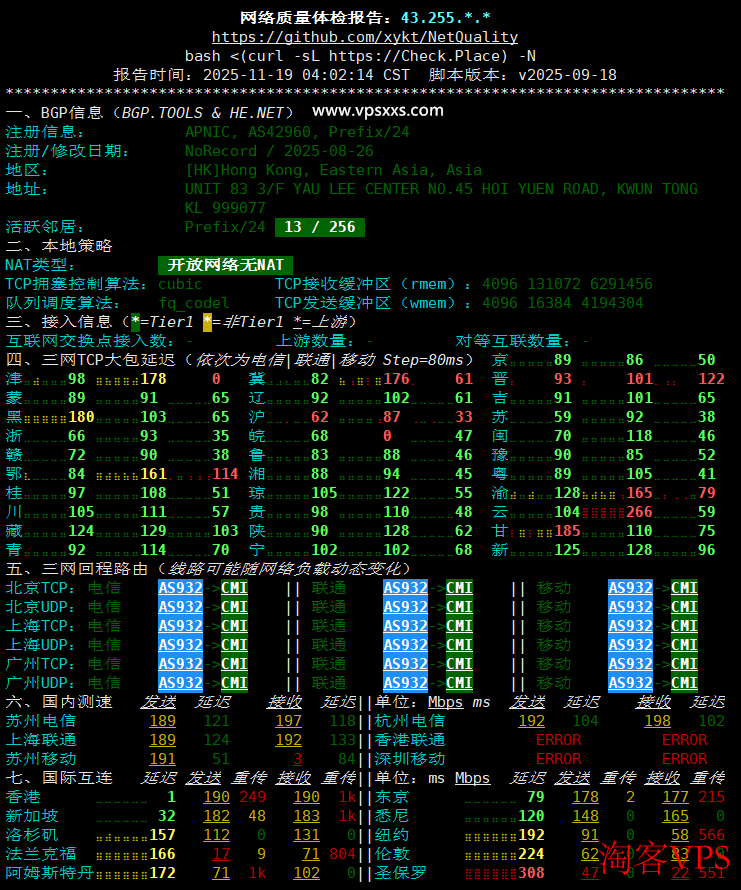 吉云香港CMI VPS网络质量体检报告