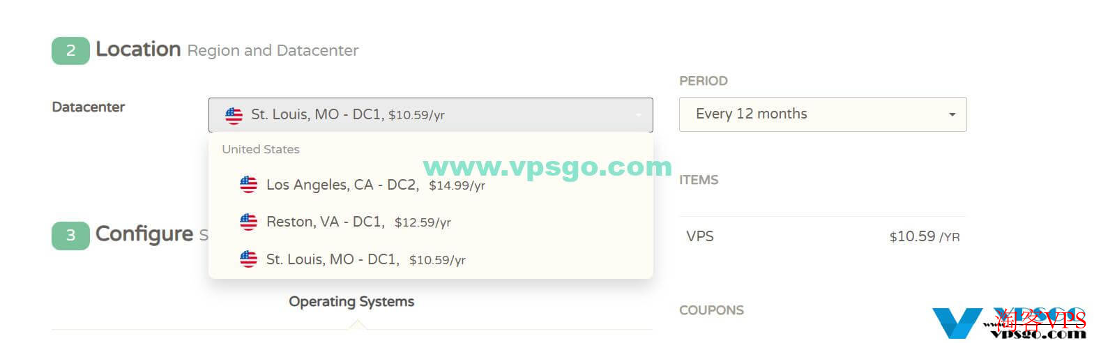 CloudCone黑色星期五优惠购买页面机房切换截图