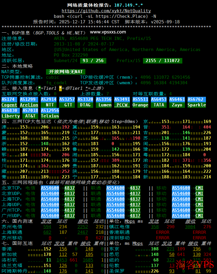 RAKsmart美国西雅图VIP VPS网络质量体检报告说明