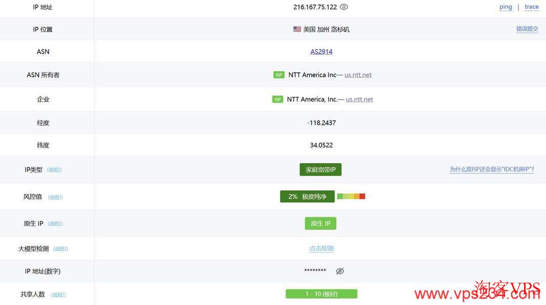莱卡云美国家宽VPS家宽IP属性展示