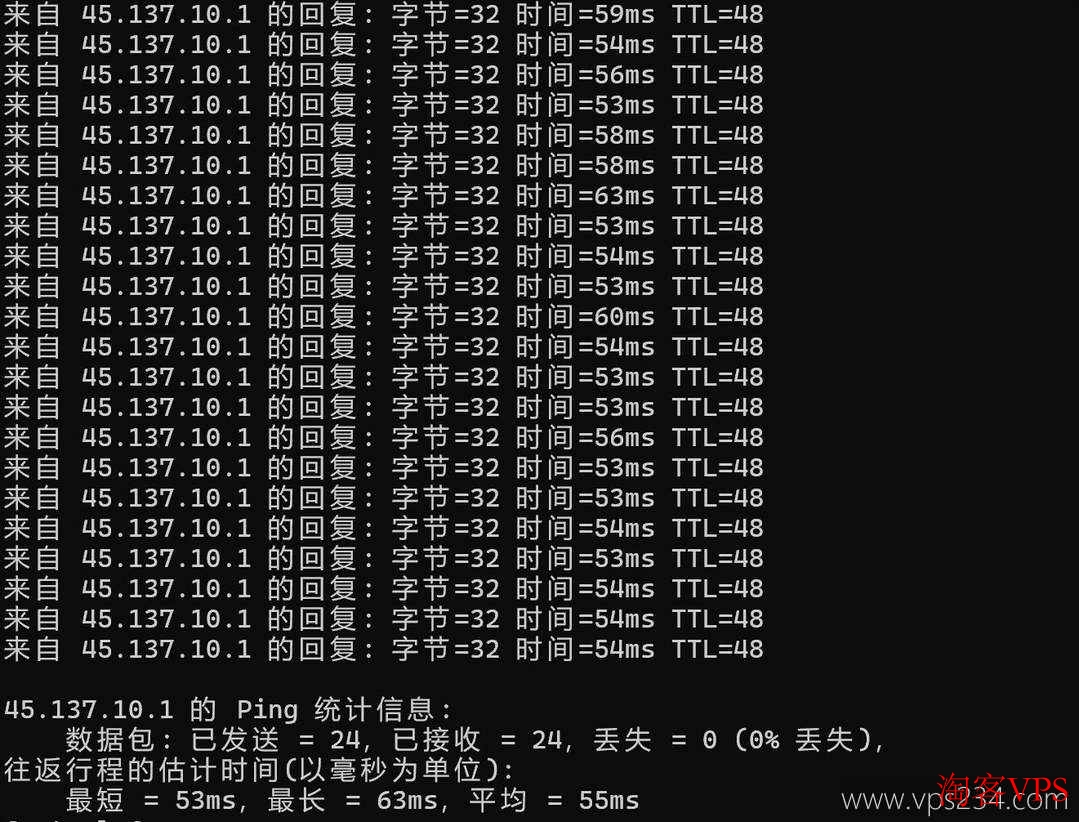 本地Ping测试结果，遨游主机香港CN2 VPS延迟约55毫秒