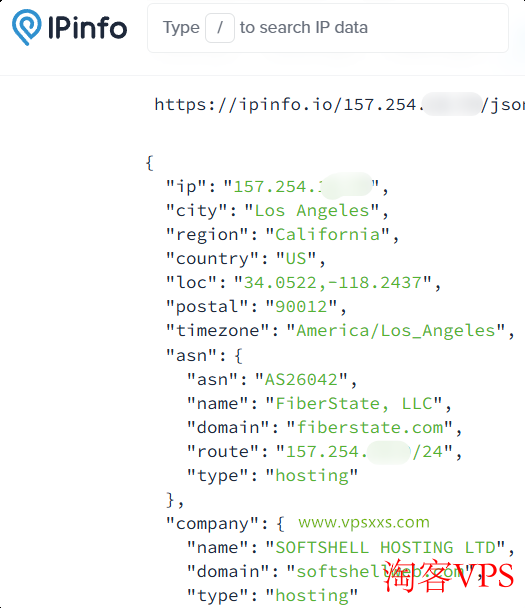 ipinfo.io检测SoftShellWeb洛杉矶VPS是否住宅IP