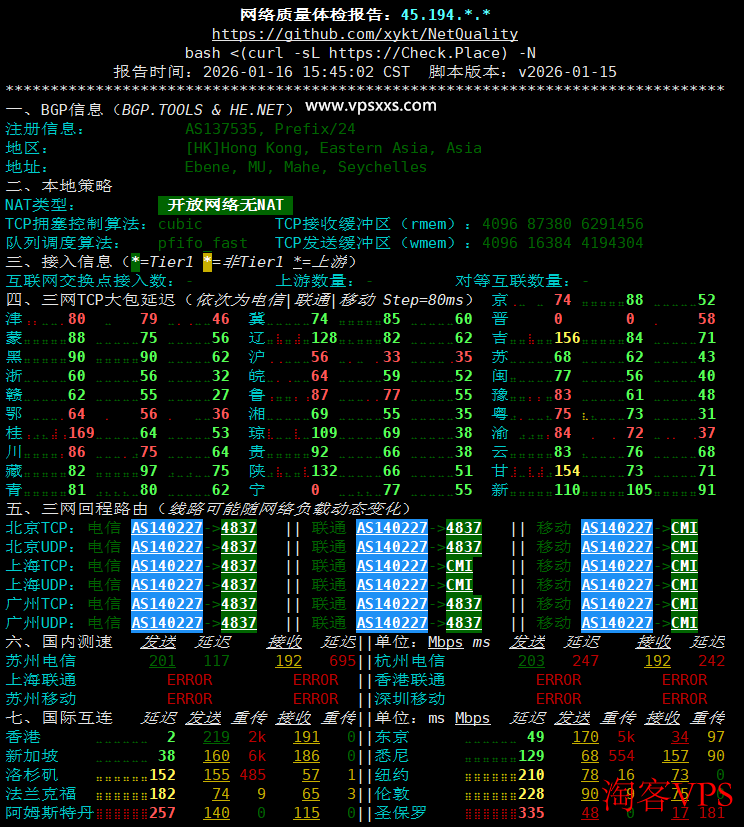 Jtti香港轻量云服务器网络质量报告