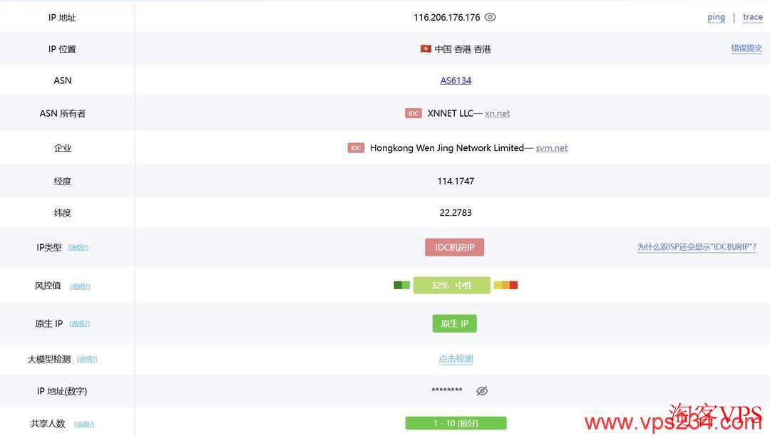 HostKVM香港VPS原生IP归属地测试图