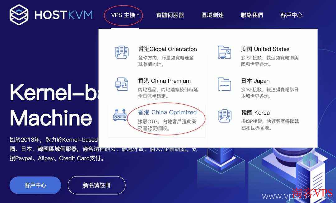 HostKVM香港Optimized VPS选择页面