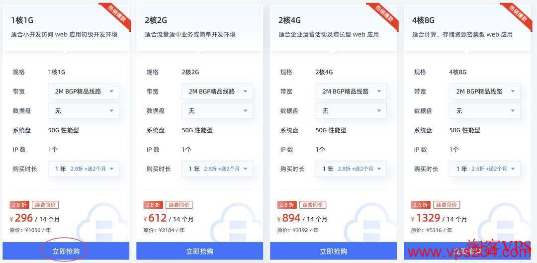 挑选VPS套餐页面