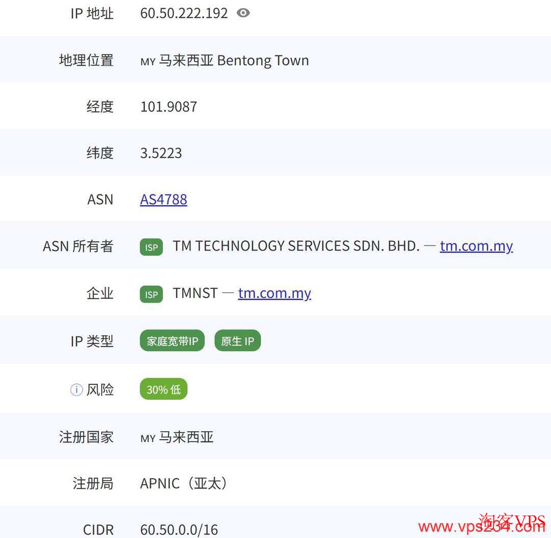 Server Gigabit VPS IP类型检测结果，显示为双ISP家宽住宅IP